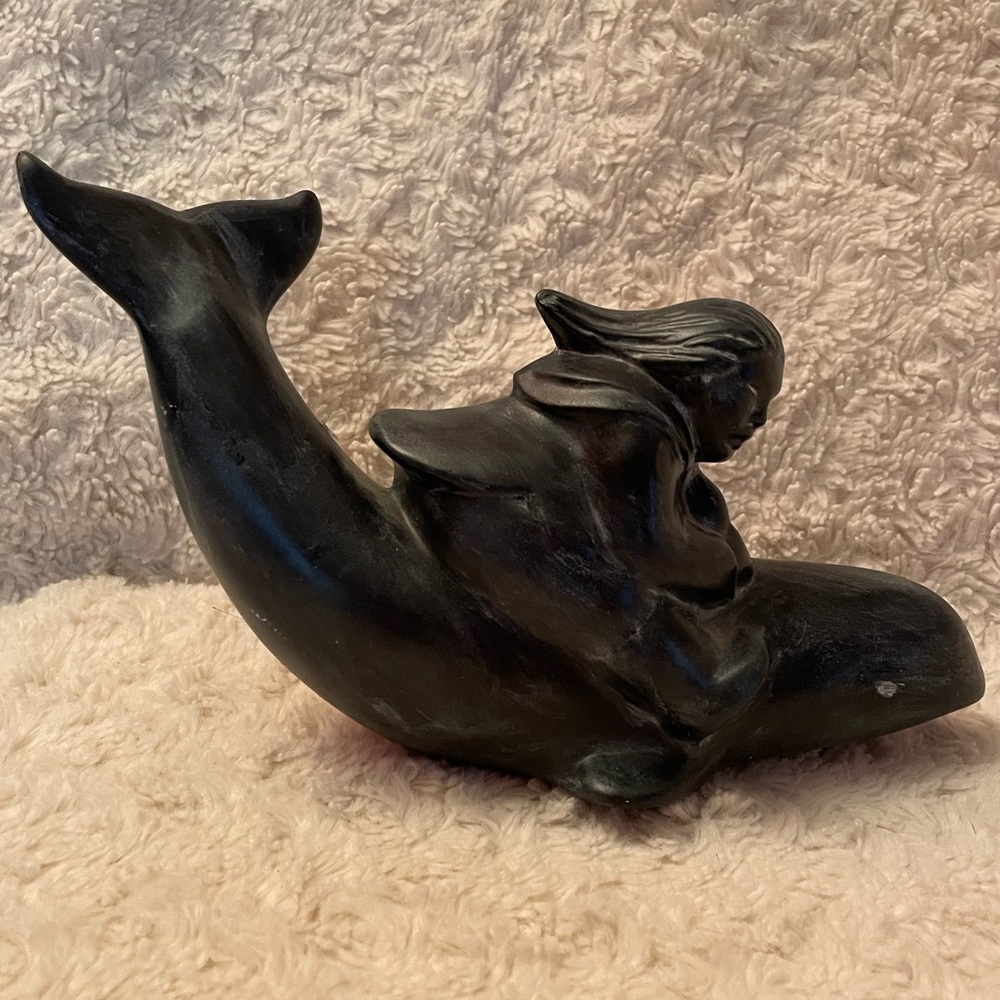 Vintage Rare Inuit Girl Riding a Wale Molded Clay and Glazed Black in Canada